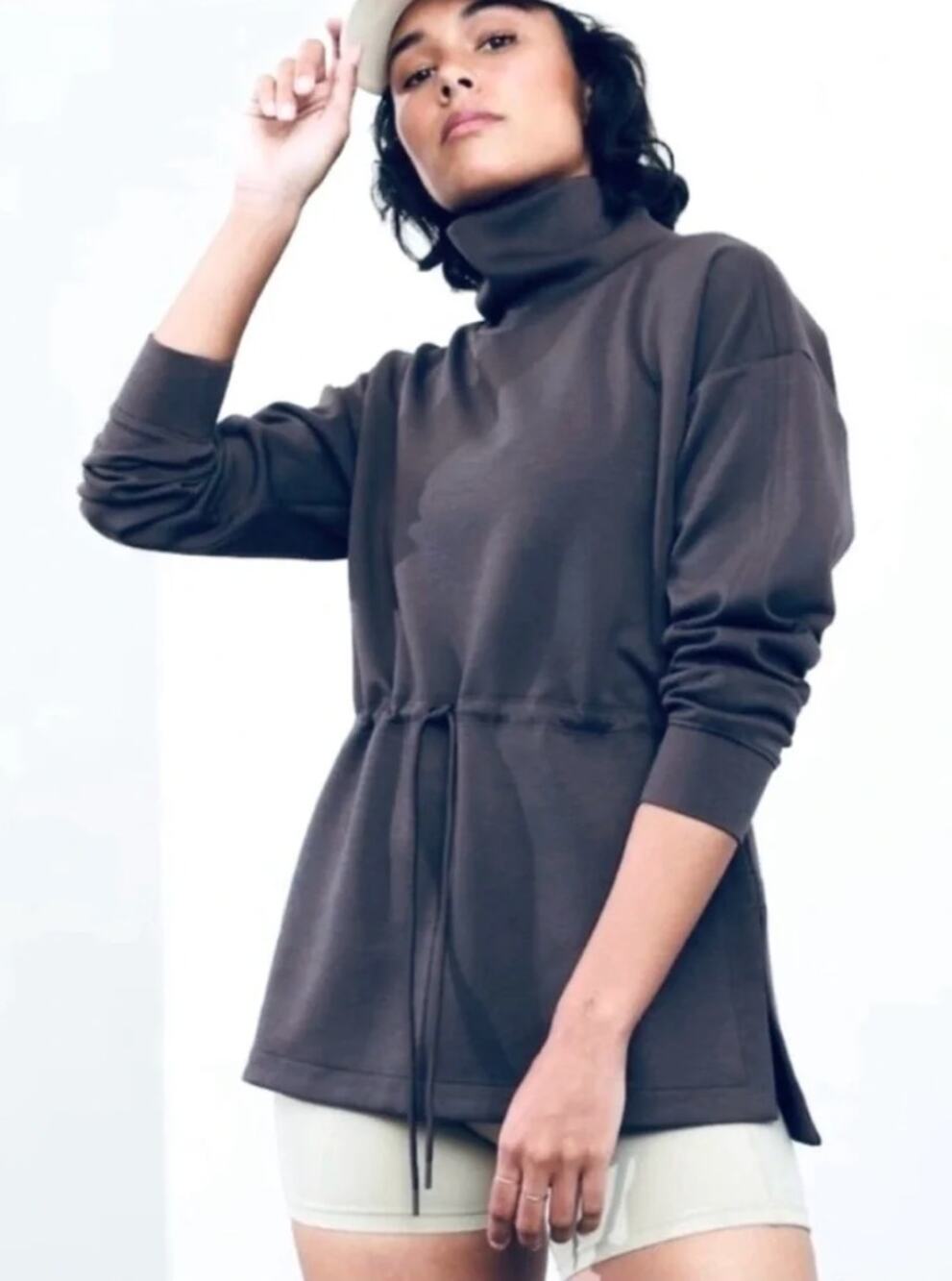 Athleta Funnel Neck Allure Cinch Waist Sweatshirt - Gray - Size L